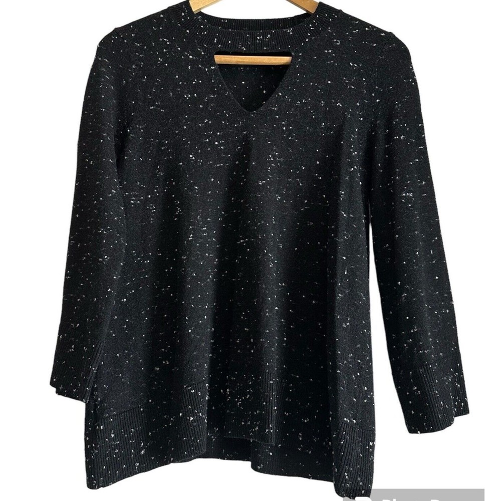 Loft Petites Long Sleeve Sweater Women's SP Black White Keyhole Neck